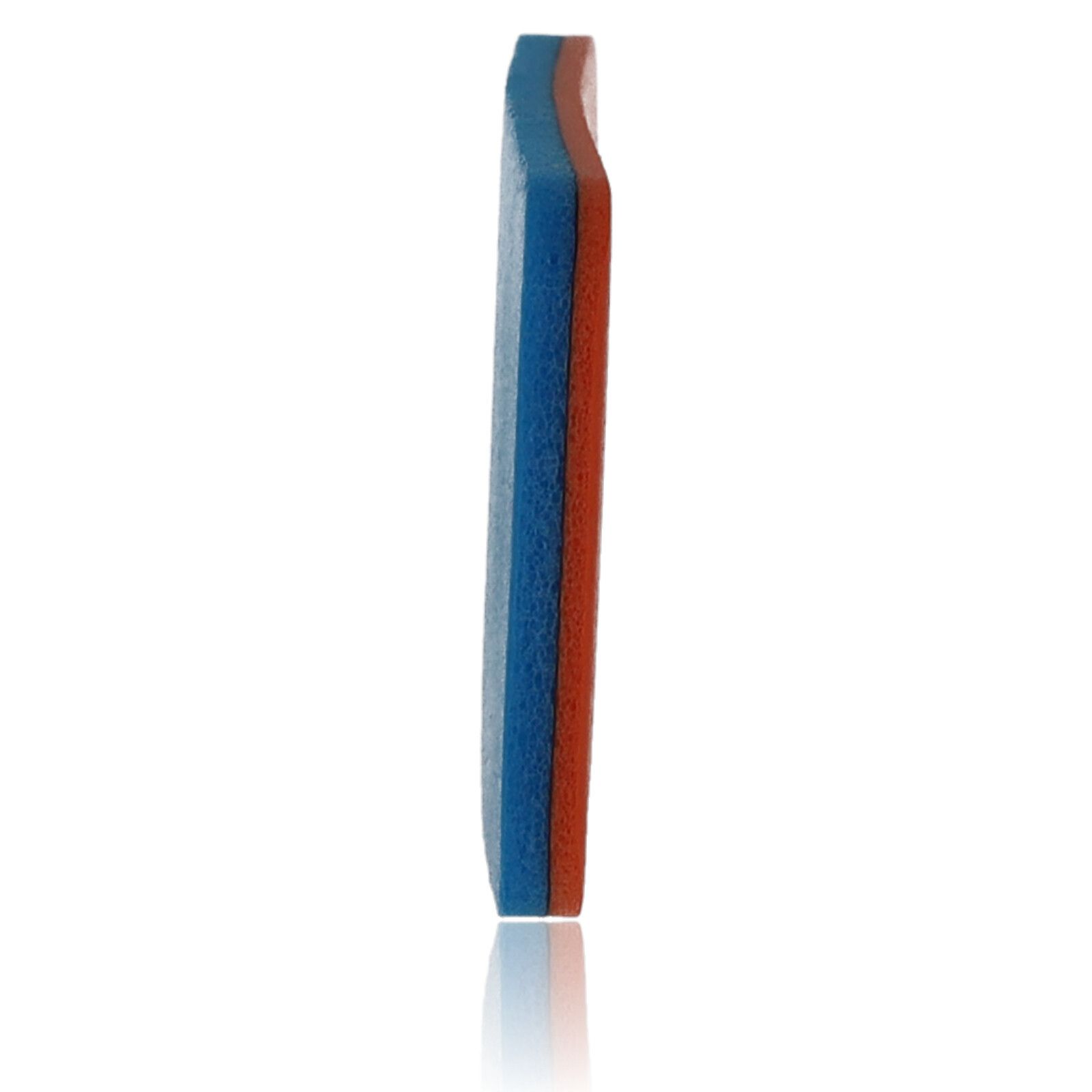 Seitenansicht der SAM Splint Fingerschiene. Blau und orangefarben. Deutlich die Schichten erkennbar.