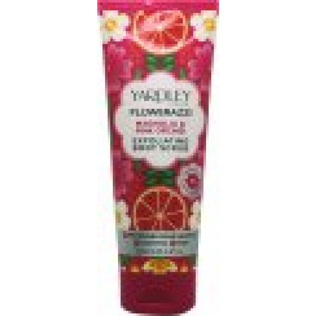Körperpeeling-Tube, floralem Design, Produktname sichtbar. Rosa Deckel, Schriftzug 'Yardley Flowerazzi'.