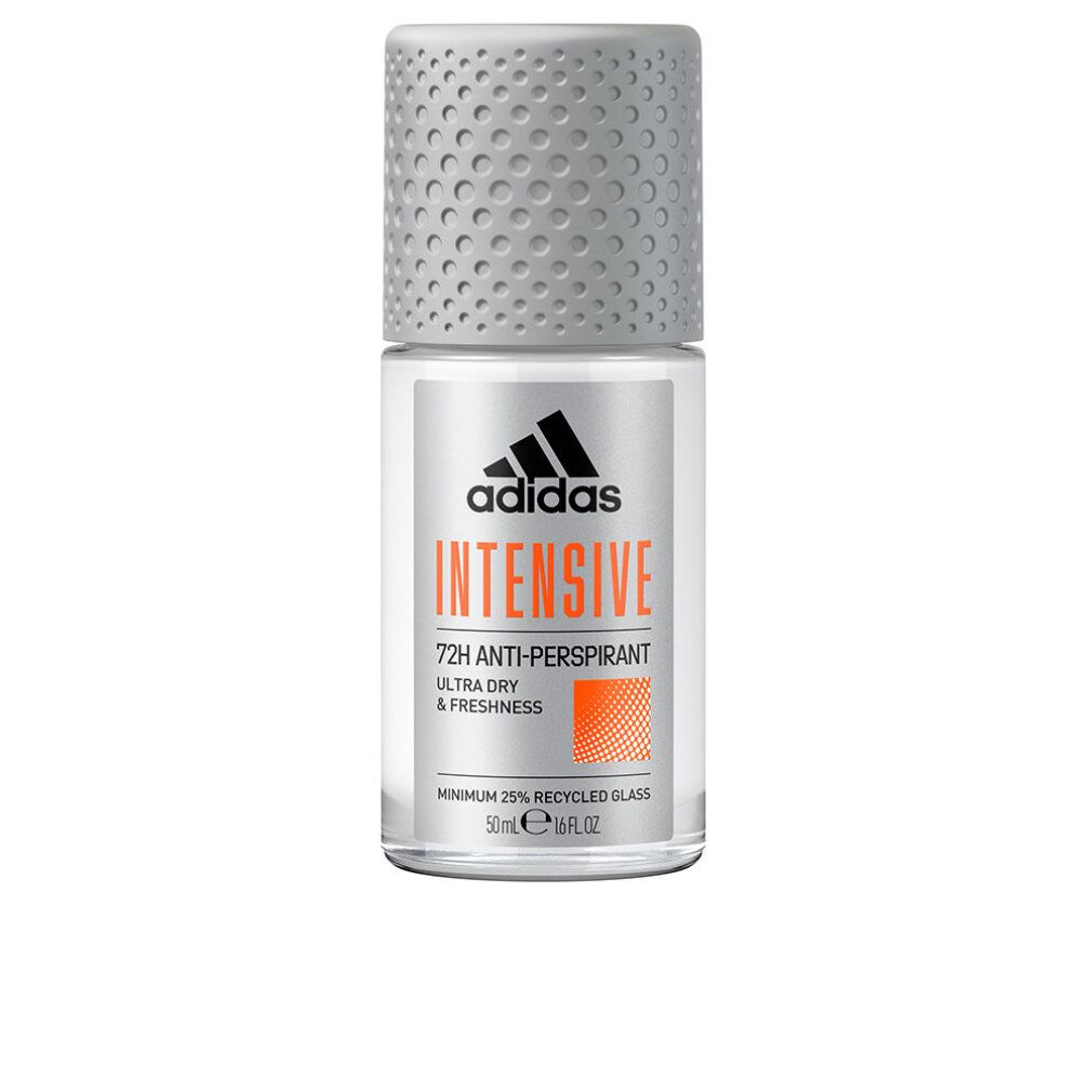 Adidas Intensive Roll-on Deodorant. Grauer Deckel, transparente Flasche. Schwarzes Logo, orangefarbener Bereich mit Text.