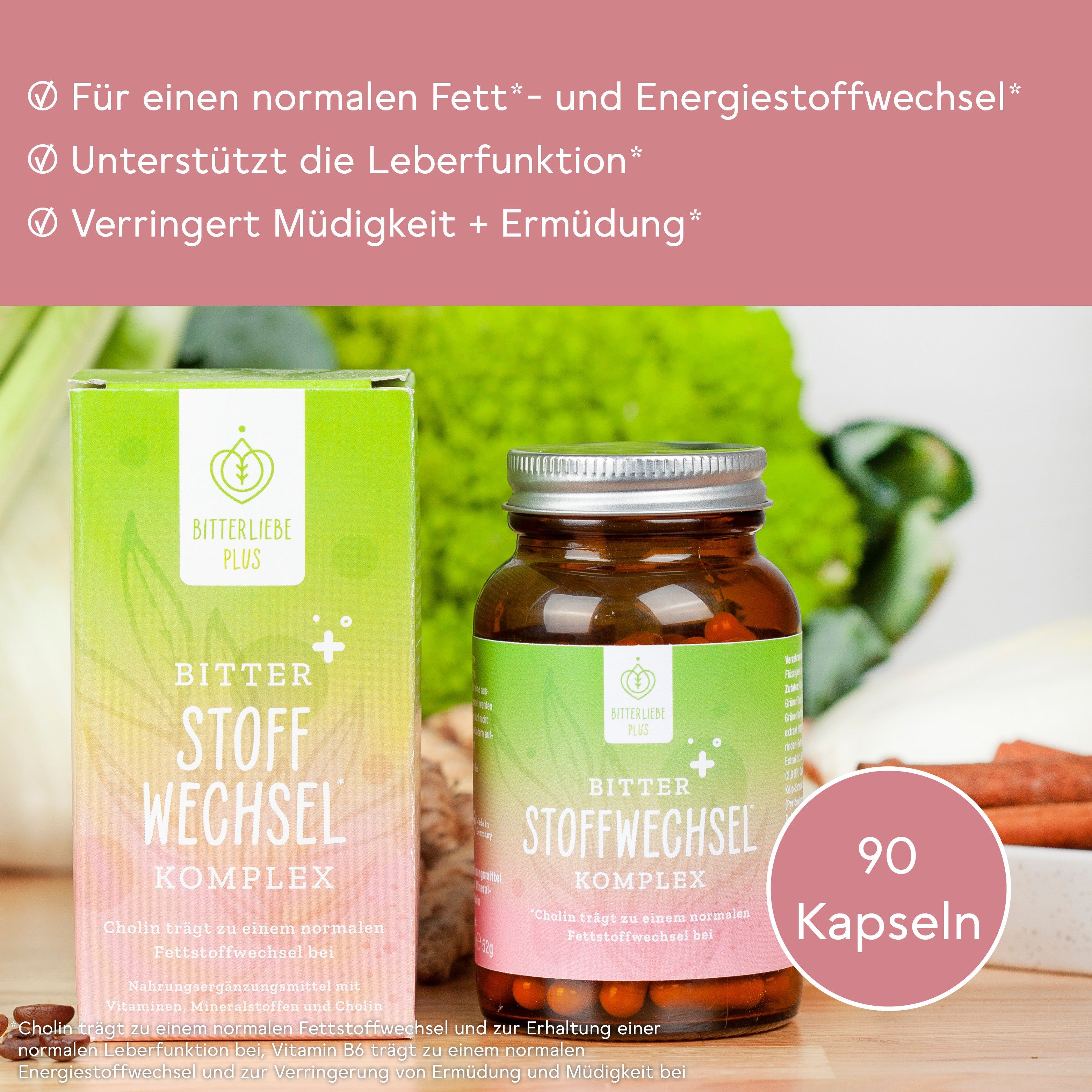 Flasche und Kartonverpackung von BitterLiebe® Plus Bitter Stoffwechsel Komplex mit Angabe von 90 Kapseln.