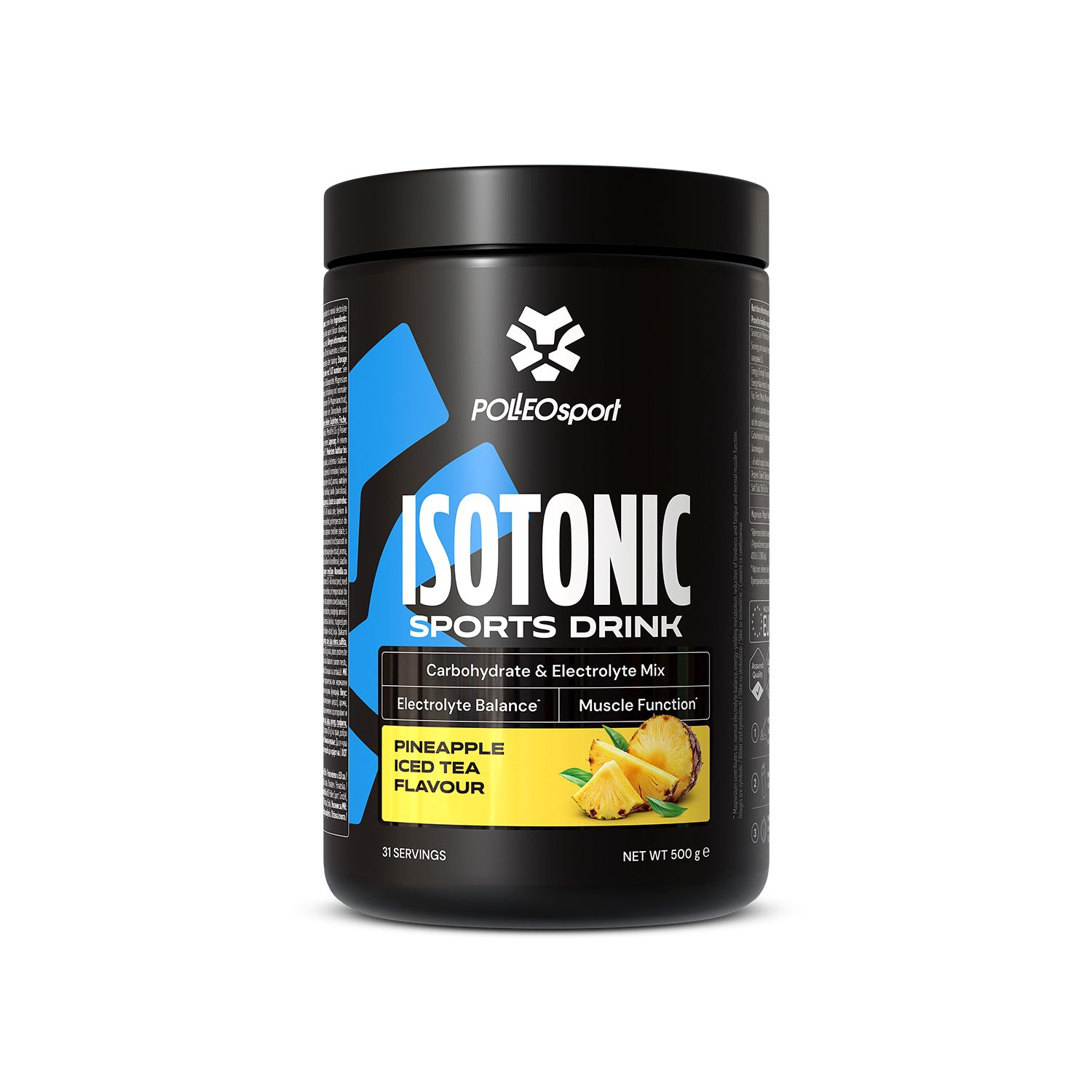 Schwarze Dose. ME:FIRST Isotonic Sports Drink. Text: Isotonic Sports Drink, Pineapple Iced Tea Flavour. Abbildung Ananas.