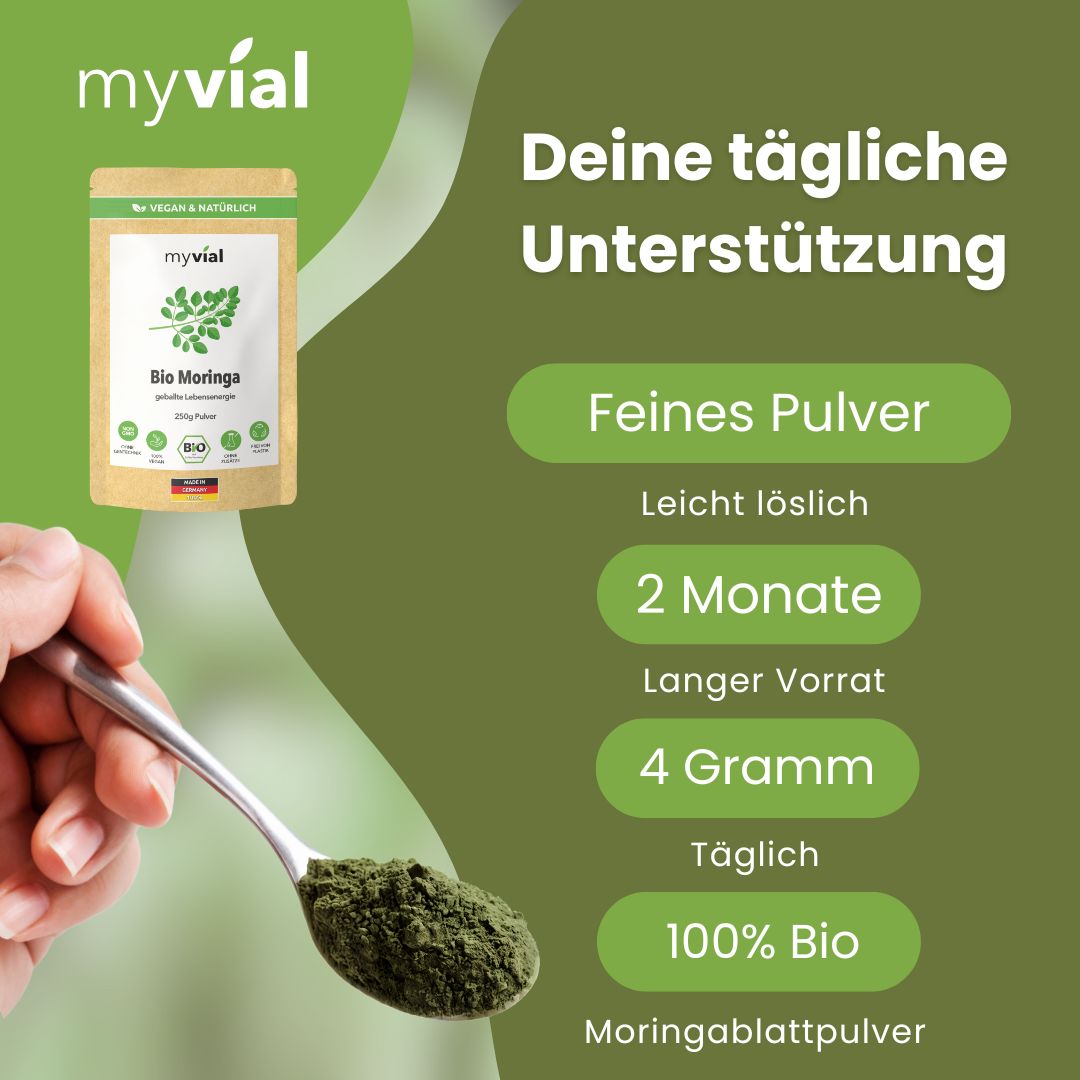 myvial® Bio Moringa Pulver - Blattpulver aus Moringa Oleifera - fein vermahlen