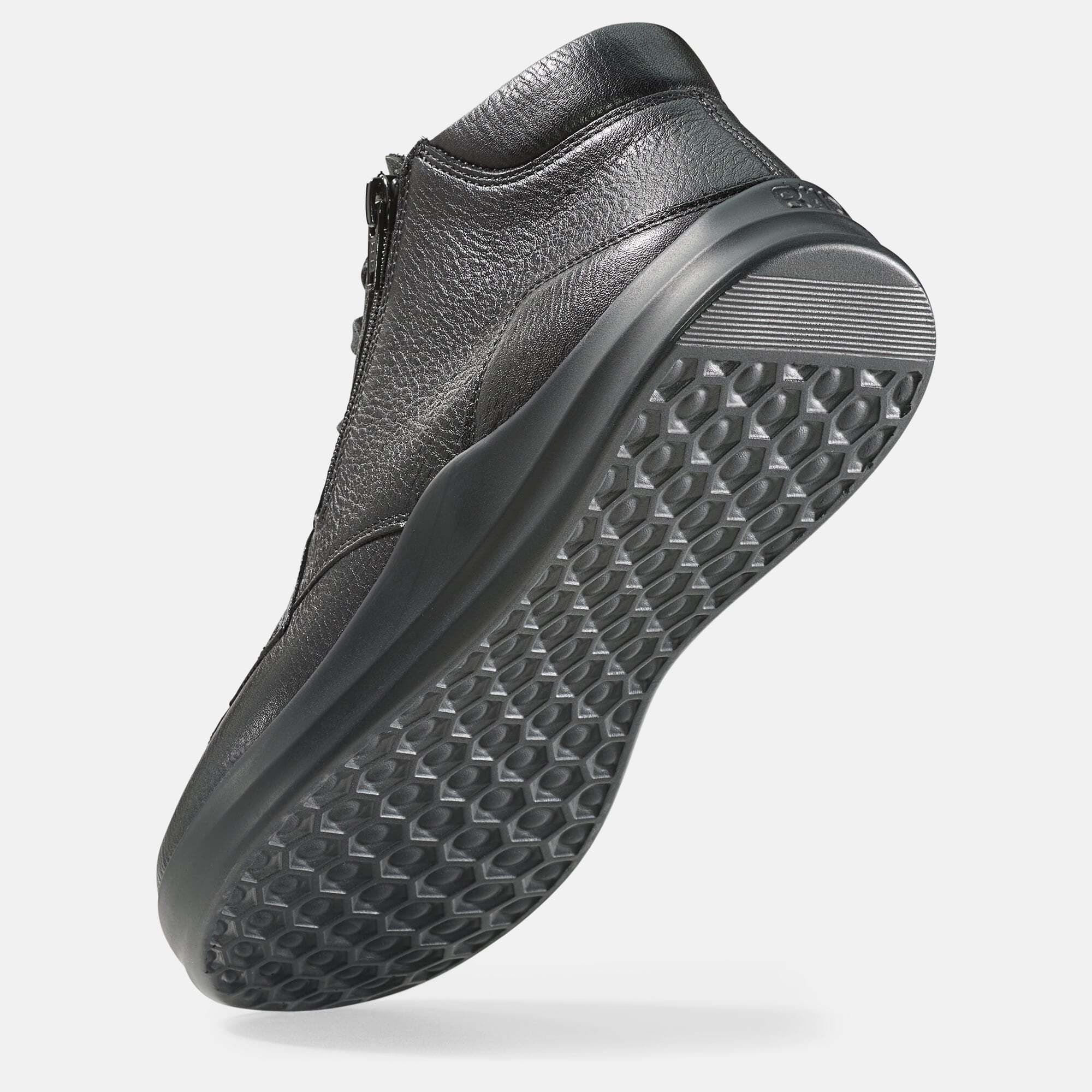 Schwarze Stiefelette, Unterseite. Profilierte Sohle. Lederoptik.