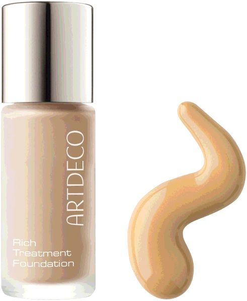 ARTDECO Rich Treatment Foundation in einer Glasflasche mit silbernem Deckel und einem Swirl Foundation-Probe daneben.