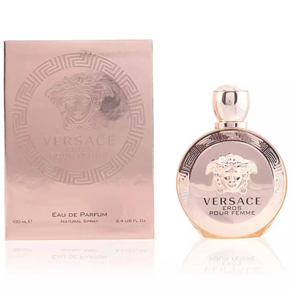 Rosa Flakon und Verpackung. Aufschrift: VERSACE EROS POUR FEMME. Eau de Parfum, Natural Spray.