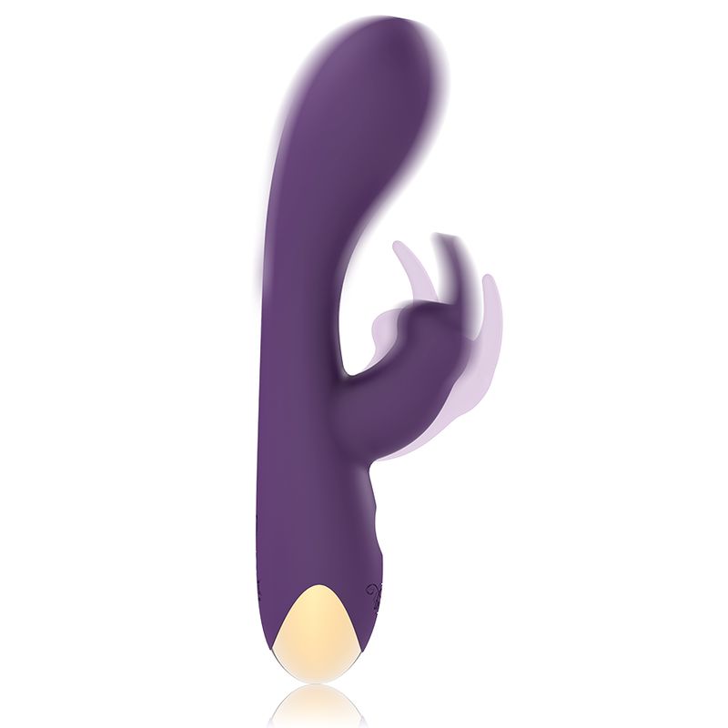 Lila Rabbit Vibrator. Ergonomisches Design mit gebogener Form und Kaninchenohren. Goldfarbener Bereich an der Basis.