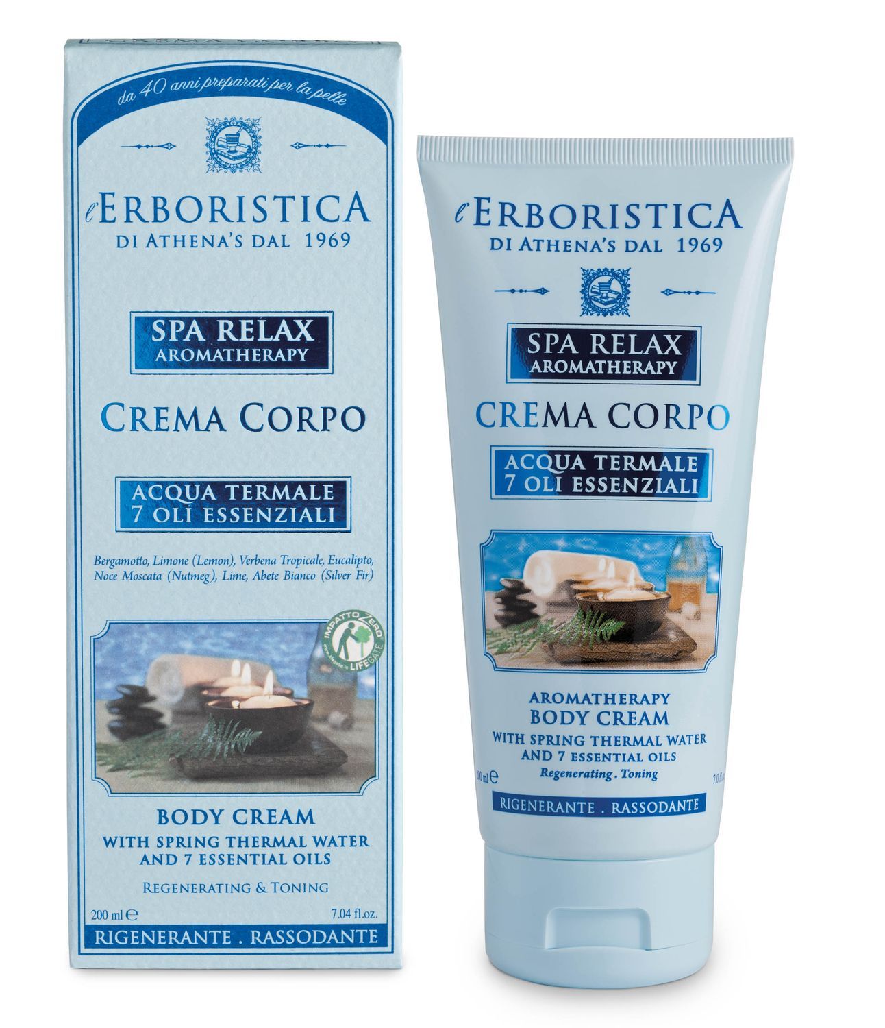 Zwei Tuben und eine Schachtel. Aufschrift: 'ERBORISTICA', 'SPA RELAX AROMATHERAPY', 'CREMA CORPO', 'ACQUA TERMALE 7 OLI ESSENZIALI'.