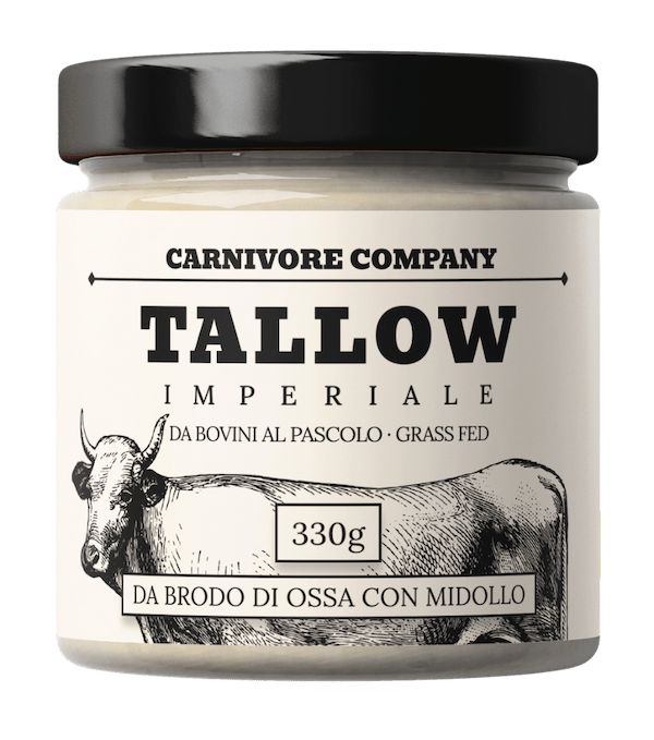 Vaso di Carnivore Company Tallow Imperiale. Coperchio nero, etichetta bianca con illustrazione di mucca e testo.