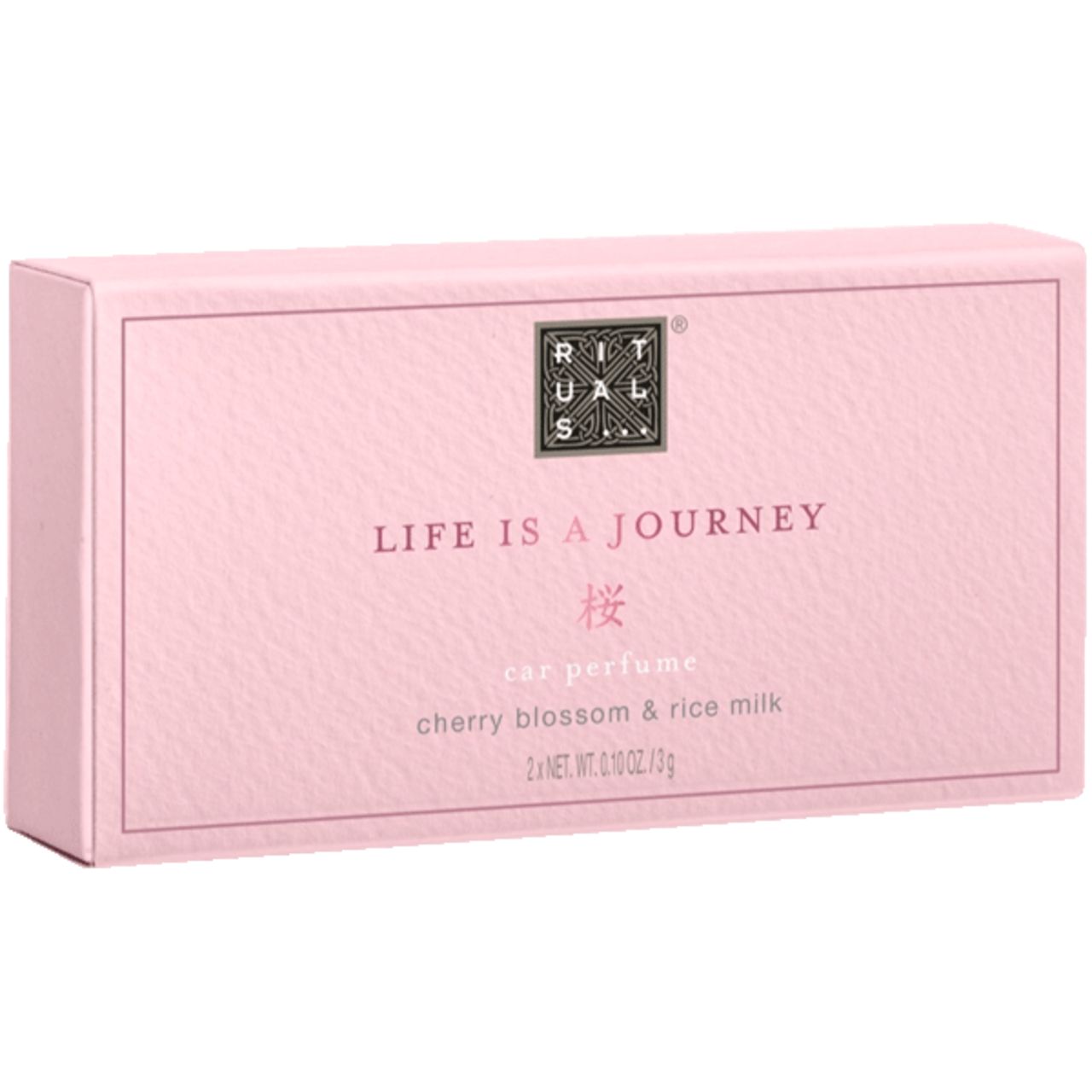 Rosa Schachtel mit Aufschrift: LIFE IS A JOURNEY, RITUALS. Cherry Blossom & Rice Milk. 2x NET WT. 0.10 OZ/3g.