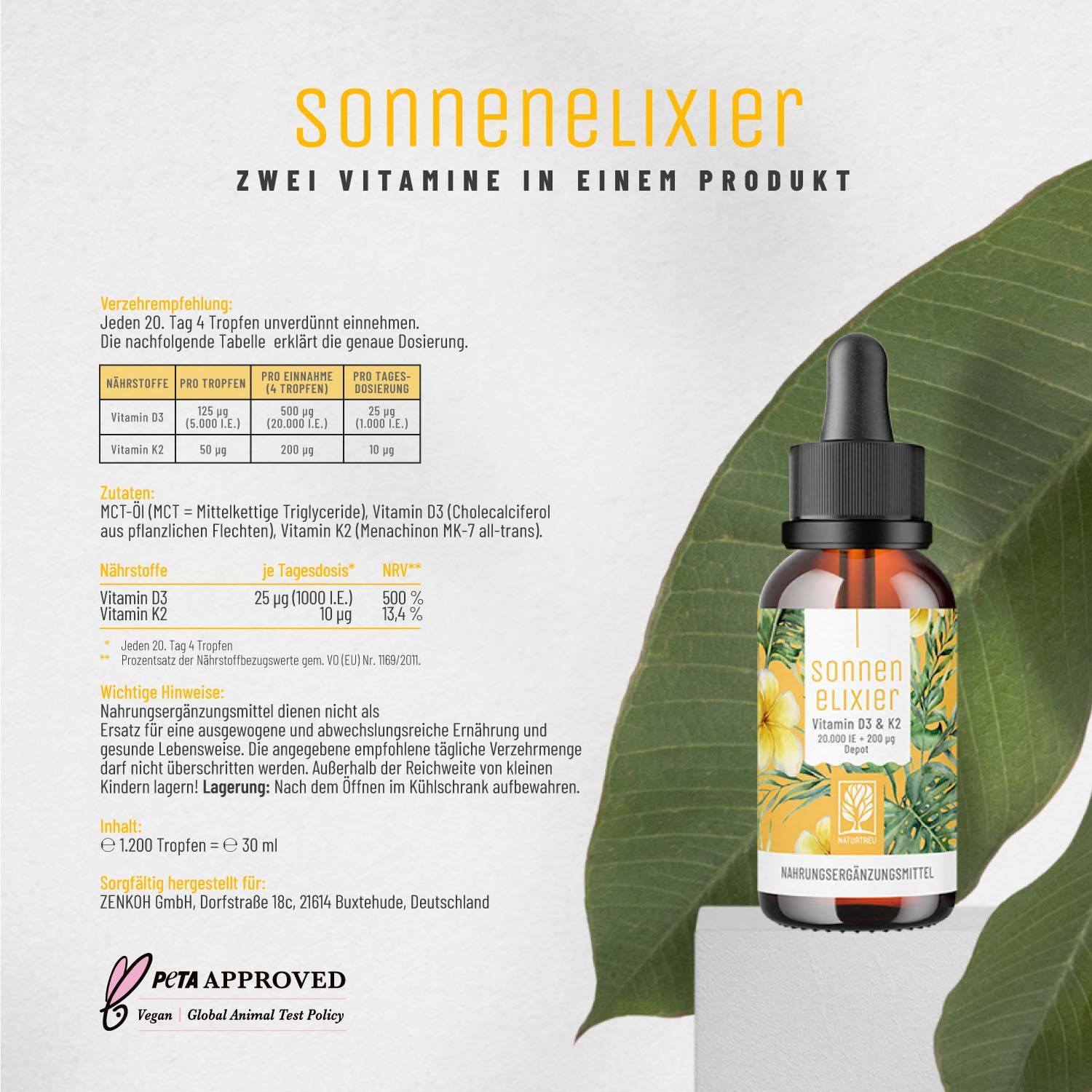 Vitamin D3 & K2 Tropfen Depot mit 20.000 I.E. - hochdosiert & vegan - Sonnenelixier - NATURTREU®