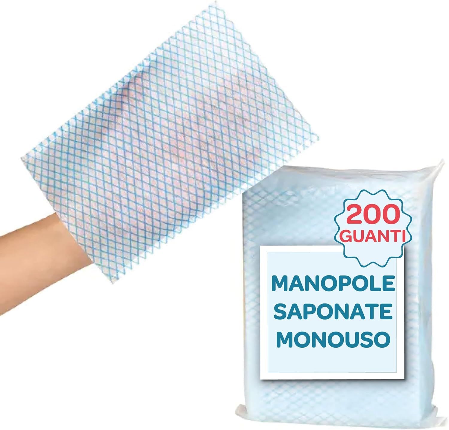 Waskom, blauw rasterpatroon, in de hand. Verpakking van 200 stuks, tekst: MANOPOLE SAPONATE MONOUSO.