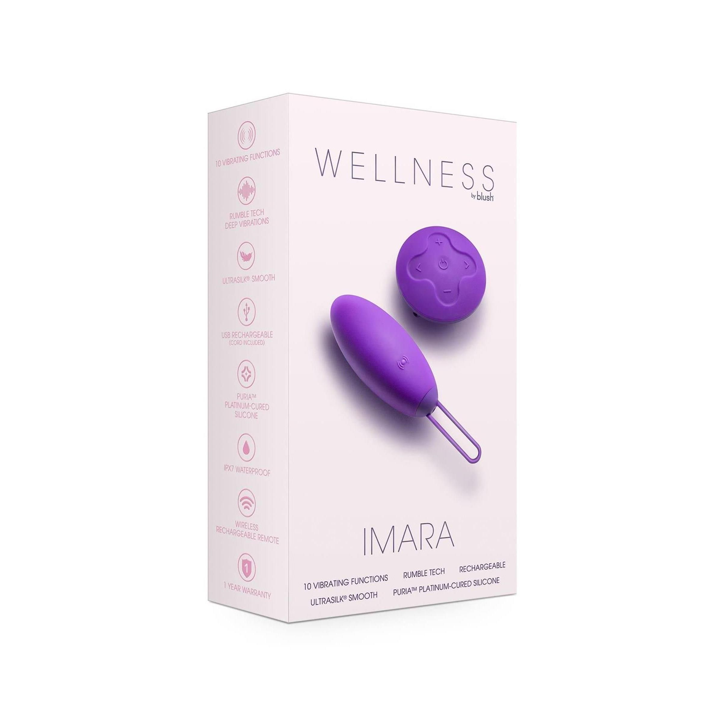 Verpackung mit lila Ei und Fernbedienung. Text: WELLNESS + blush, IMARA, 10 Vibrationsfunktionen, wiederaufladbar.