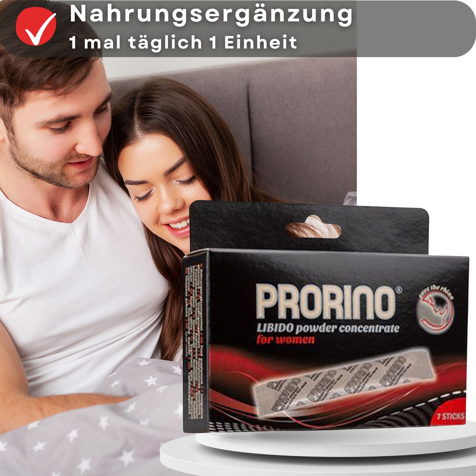 Produktverpackung neben einem Paar im Bett. Enthält 7 Sticks. "Libido powder concentrate for women".