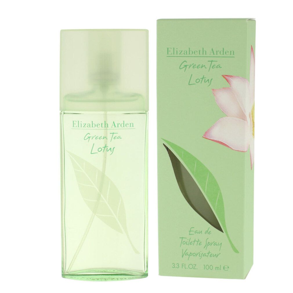 Flakon und Verpackung von Elizabeth Arden Green Tea Lotus Eau de Toilette Spray. Grün und weiß. Blatt- und Blütenmotiv.