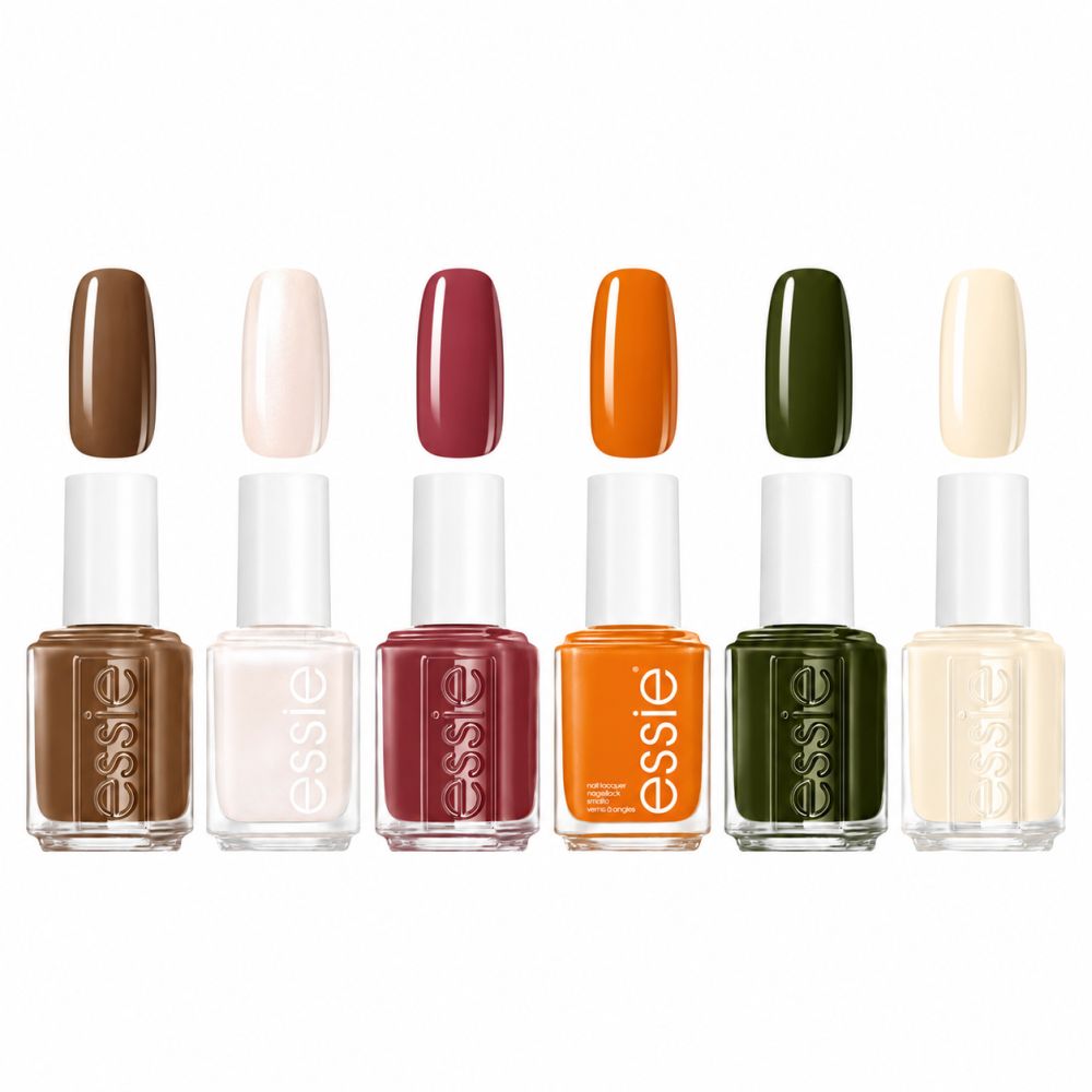 Sechs Essie Nagellackflaschen und Farbproben in Braun, Beige, Weinrot, Orange, Dunkelgrün und Elfenbein.