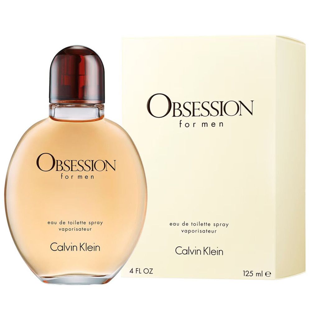 Runder Flakon mit braunem Deckel und Karton. Aufschrift: Obsession for men, Calvin Klein. 125 ml.