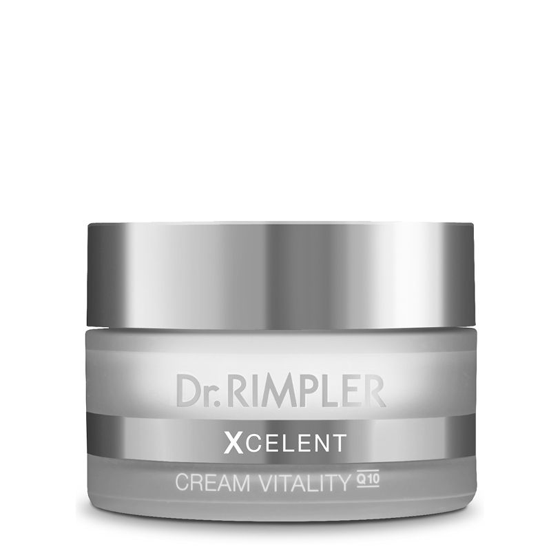 Creme-Tiegel. Aufschrift: Dr. Rimpler Xcelent Cream Vitality Q10. Silberfarbenes Design.