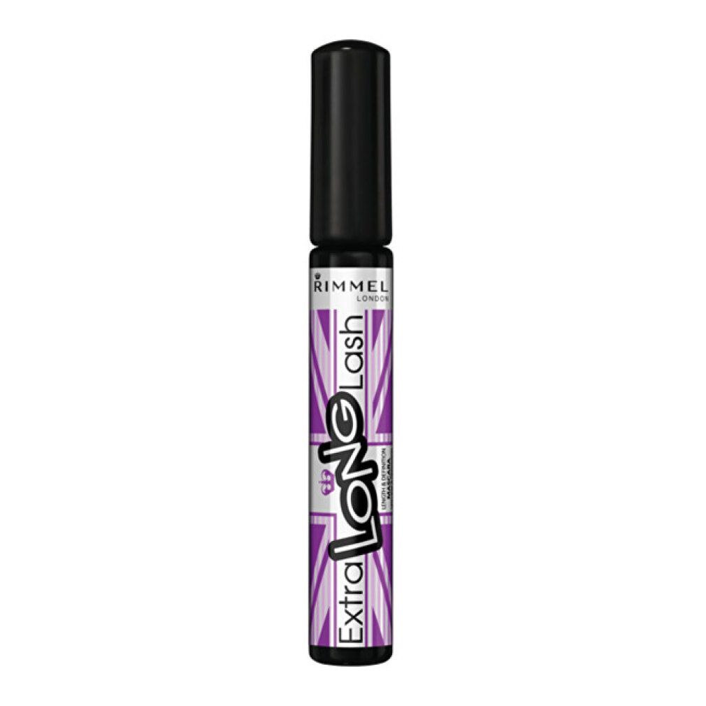 Schwarze Mascara-Tube. Aufschrift: Extra Long Lash, Rimmel London.