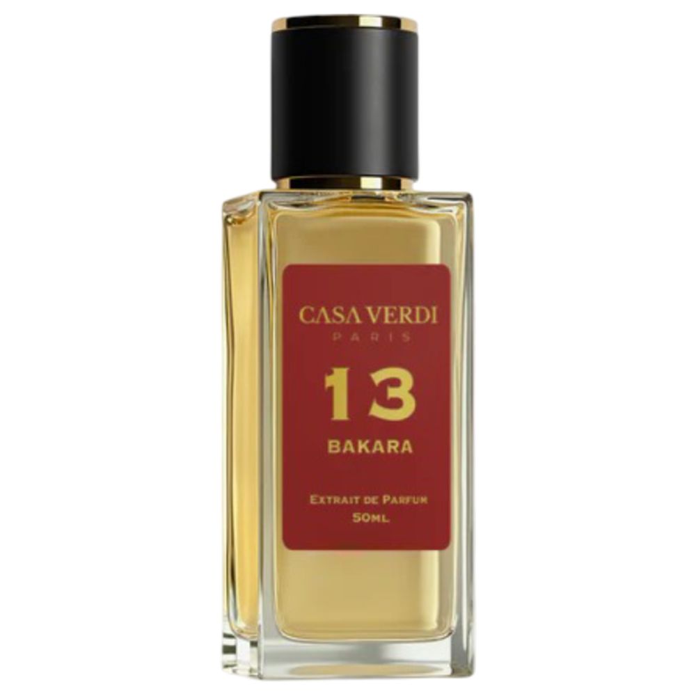 Parfümflakon mit rotem Etikett. Aufschrift: Casa Verdi Paris, 13 Bakara, Extrait de Parfum. Schwarzer Deckel, goldener Rand.