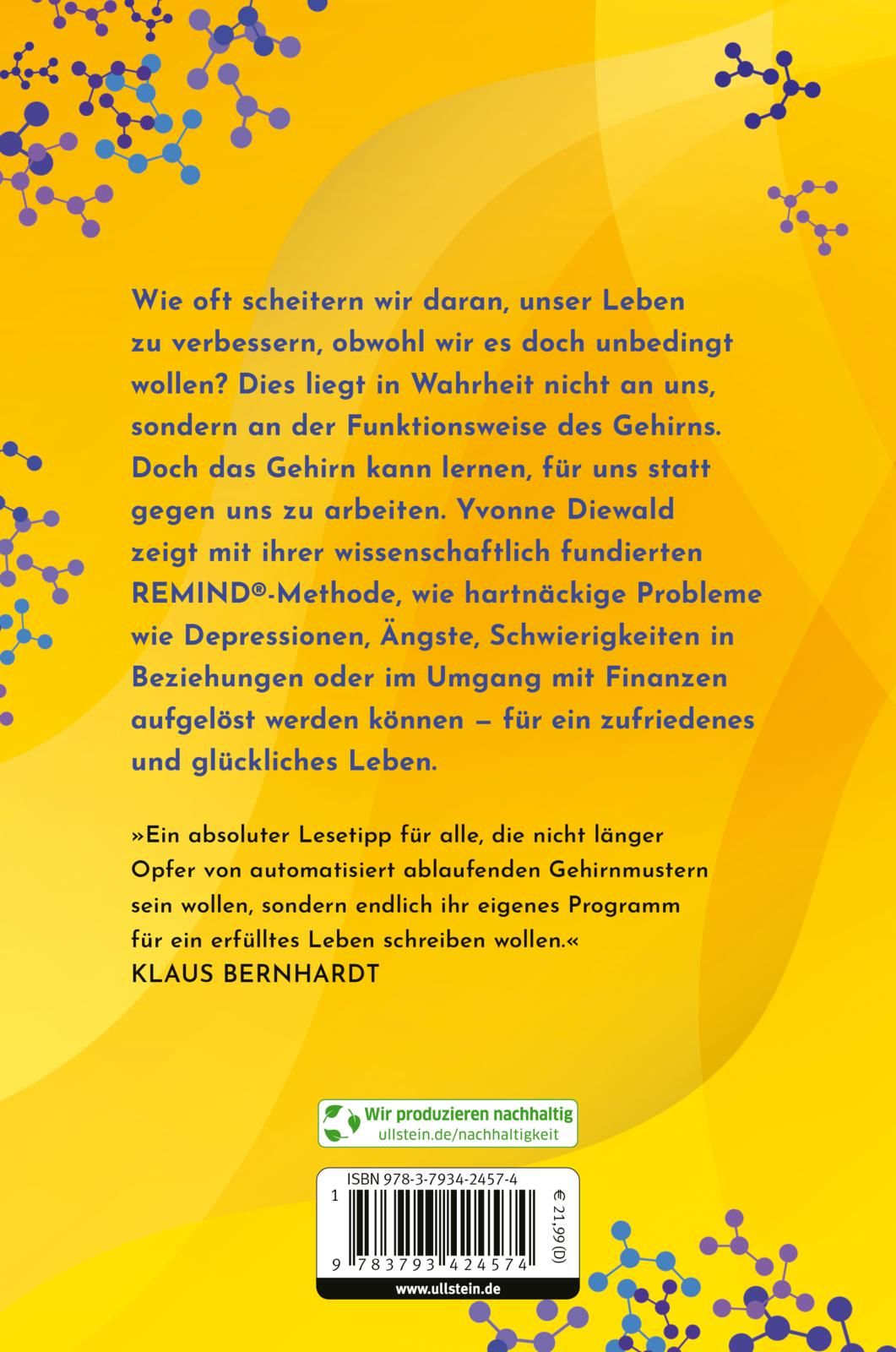 Buchrückseite mit Text. Titel REMIND. Autorin Yvonne Diewald. Gelber Hintergrund mit blauen Elementen. ISBN und Barcode.