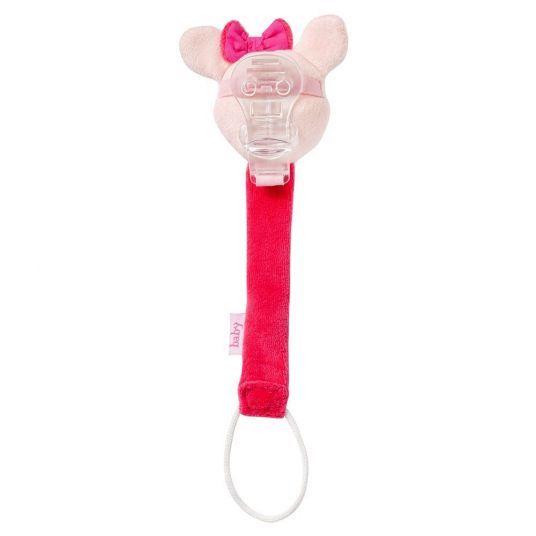 Schnullerkette mit Reh-Kopf, rosa Schleife, Stoff, Clip und Schnuller. Rosa und weiße Elemente. Mit Ring und Schnuller.