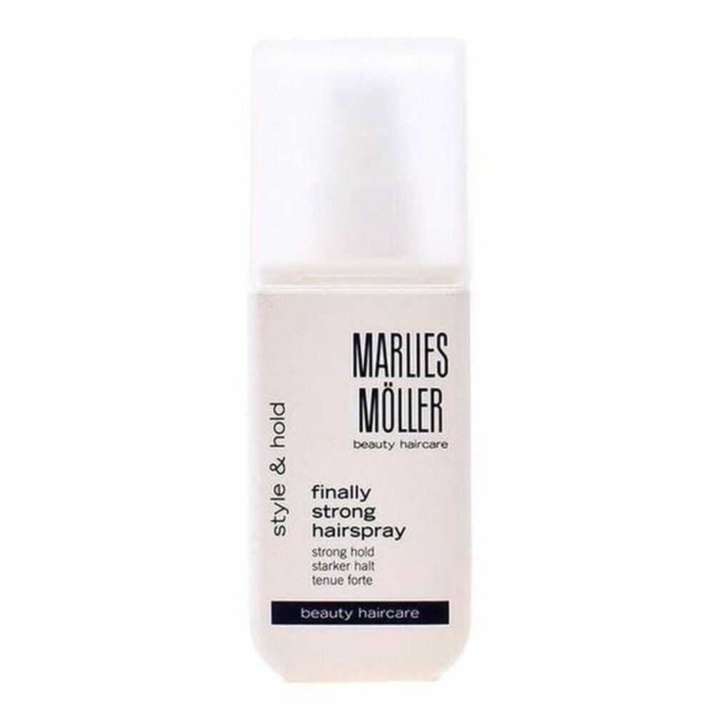 Haarspray-Flasche von Marlies Möller. Weißer Behälter mit schwarzem Aufdruck. Text: finally strong hairspray.