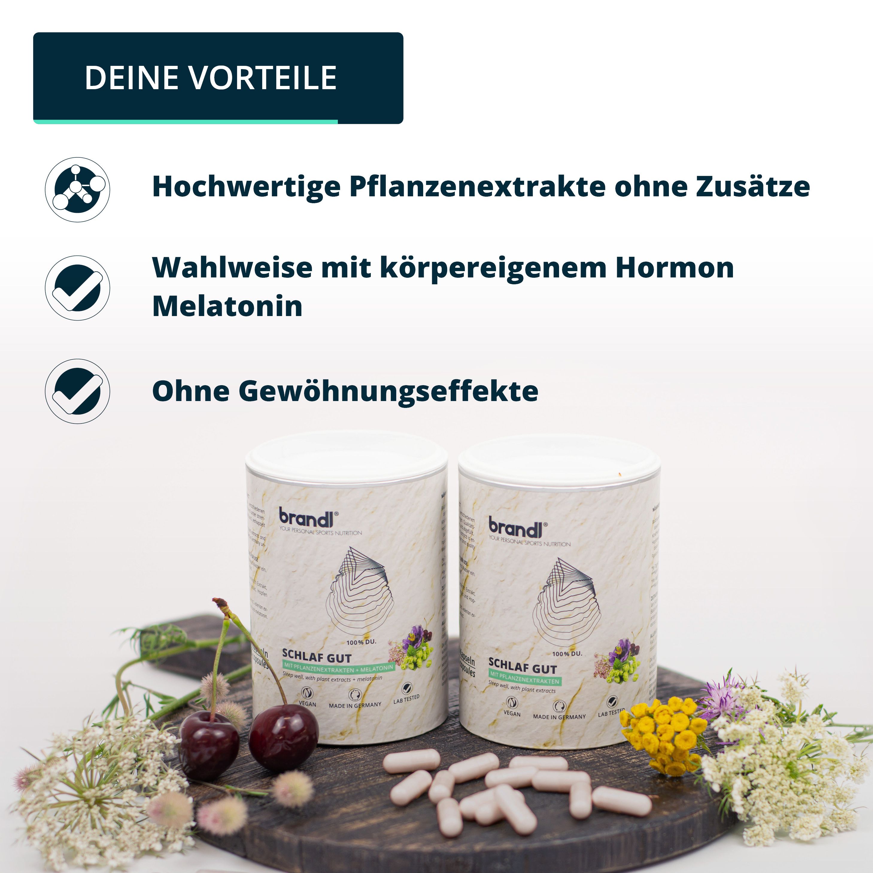 brandl® Melatonin mit Baldrian, Passionsblume, Sauerkirsche & Hopfen