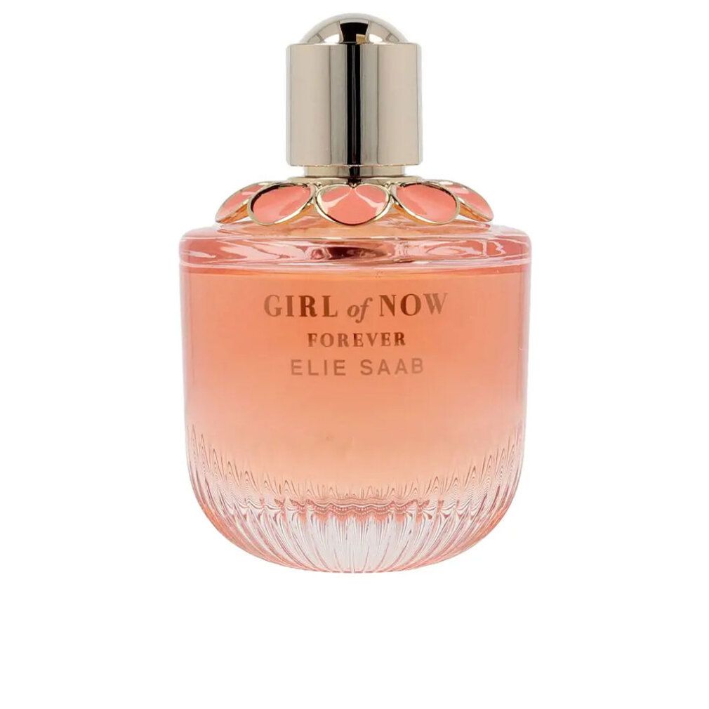 Runder Flakon mit rosa Flüssigkeit, silberfarbenem Verschluss und rosa Blüten. Text: GIRL of NOW FOREVER ELIE SAAB.