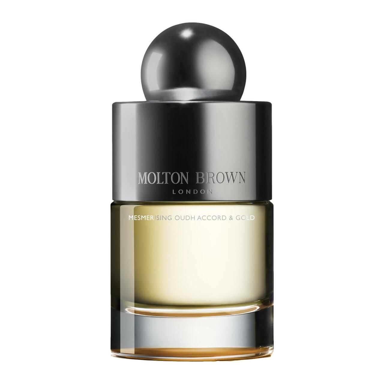 Flakon mit silbernem Verschluss. Aufschrift: Molton Brown London, Mesmerising Oudh Accord & Gold.
