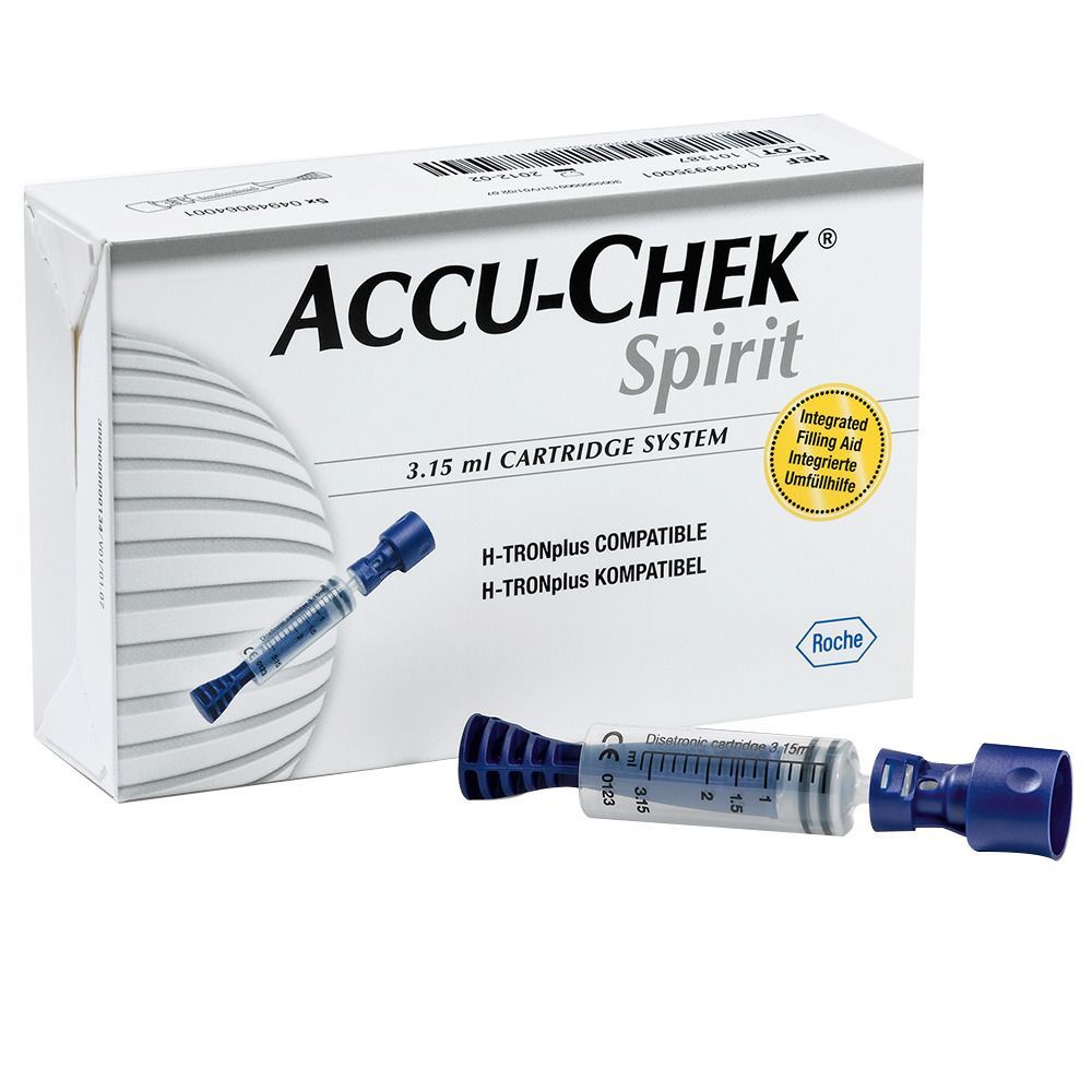 ACCU-CHEK Spirit Ampullensystem. Kartuschensystem mit 3,15 ml. Blaue und transparente Komponenten. Integrierte Umfüllhilfe.