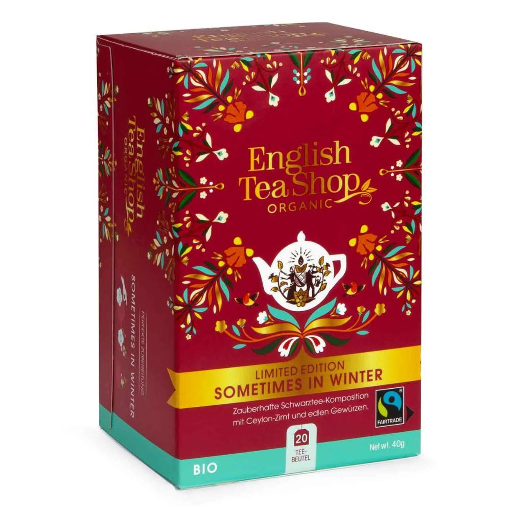 Rote Schachtel mit floralem Muster. Aufschrift: English Tea Shop Organic, Limited Edition Sometimes in Winter, 20 Teebeutel, Bio, Fairtrade.