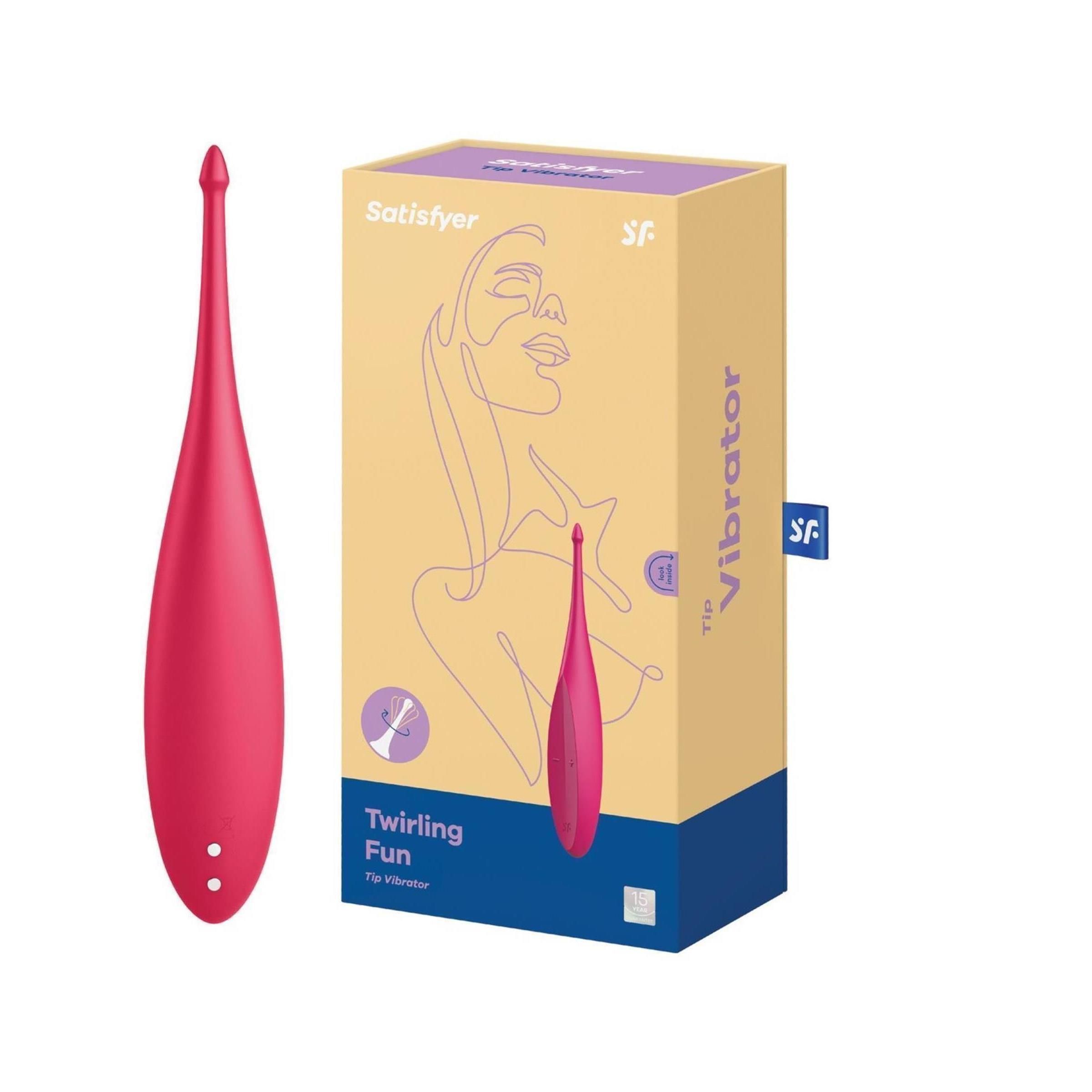 Roter Vibrator neben Verpackung. Verpackung mit Produktabbildung, Schriftzug 'Satisfyer' und 'Twirling Fun'.