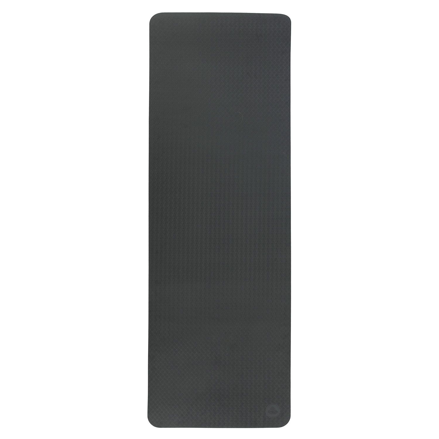 Yogamatte, anthrazitfarben, rechteckig. Oberseite mit Muster, Unterseite glatt. Logo unten rechts.