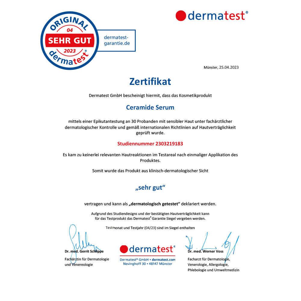 Zertifikat von Dermatest. Bescheinigung für Ceramide Serum. Bewertung: sehr gut. Unterschriften, Stempel, Datum: 25.04.2023.