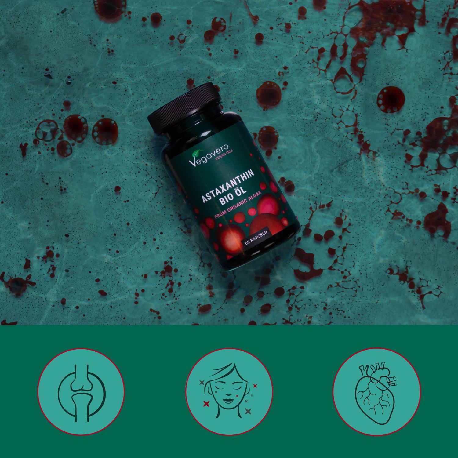 Flacone del prodotto su sfondo verde. 3 icone: articolazione, viso, cuore. Macchie rosse.