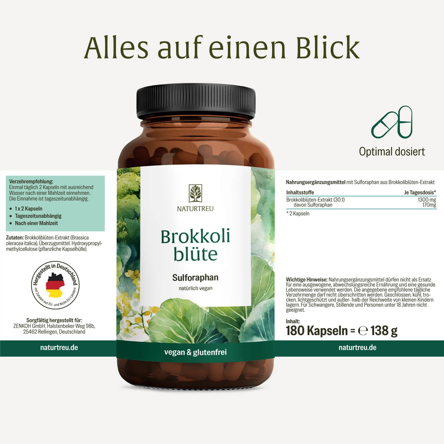 NATURTREU® Brokkoli Blüte: Flasche mit Kapseln, detaillierte Nährwertangaben und Einnahmehinweise auf der Verpackung.