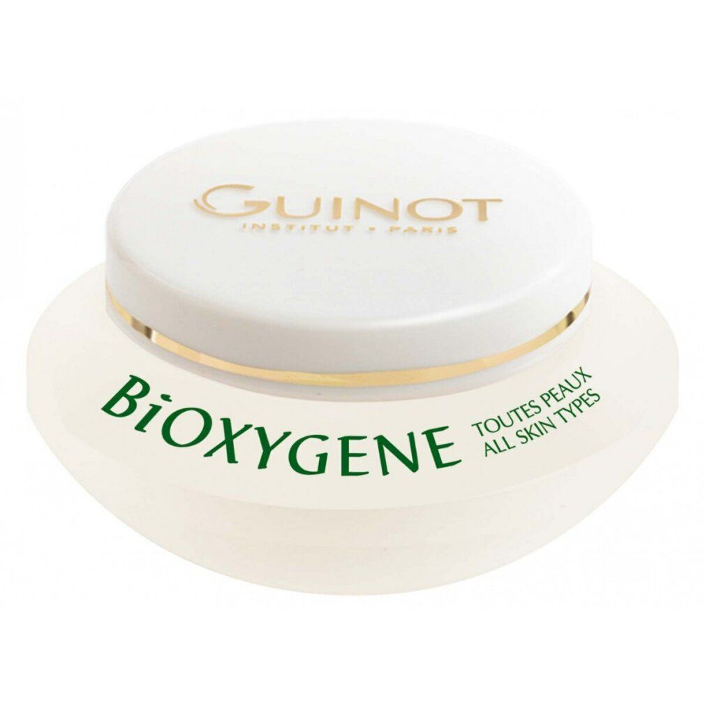 Guinot Bioxygene Creme in einem weißen Tiegel mit goldener Schrift.