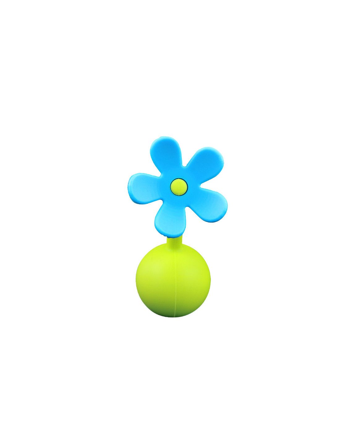 Blumenförmiger Verschluss, blau und grün. Besteht aus einer grünen Kugel und einer blauen Blume mit gelbem Zentrum.