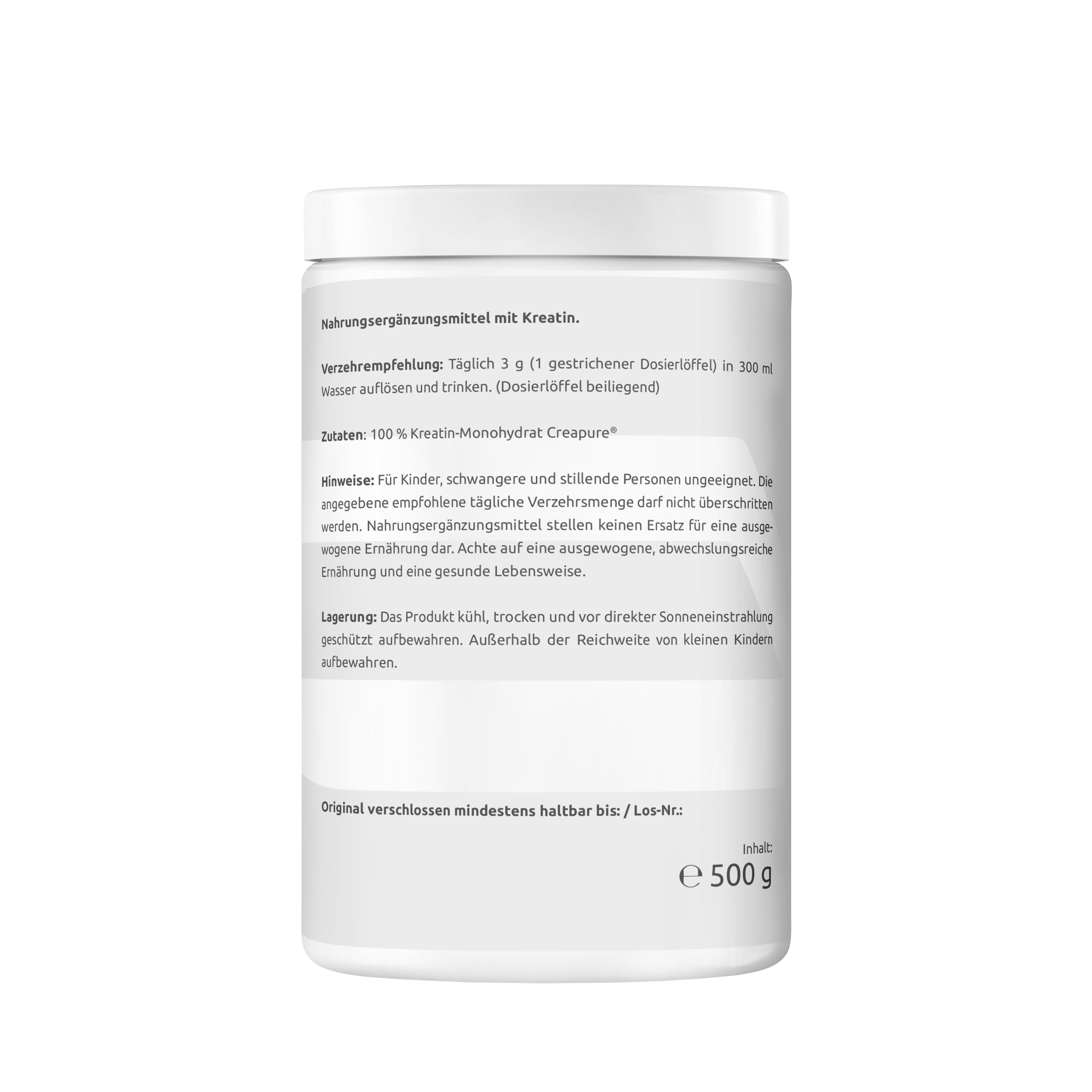 Rückseite des weißen Behälters. Text: Nahrungsergänzungsmittel mit Kreatin. Enthält 500 g. Text in deutscher Sprache.