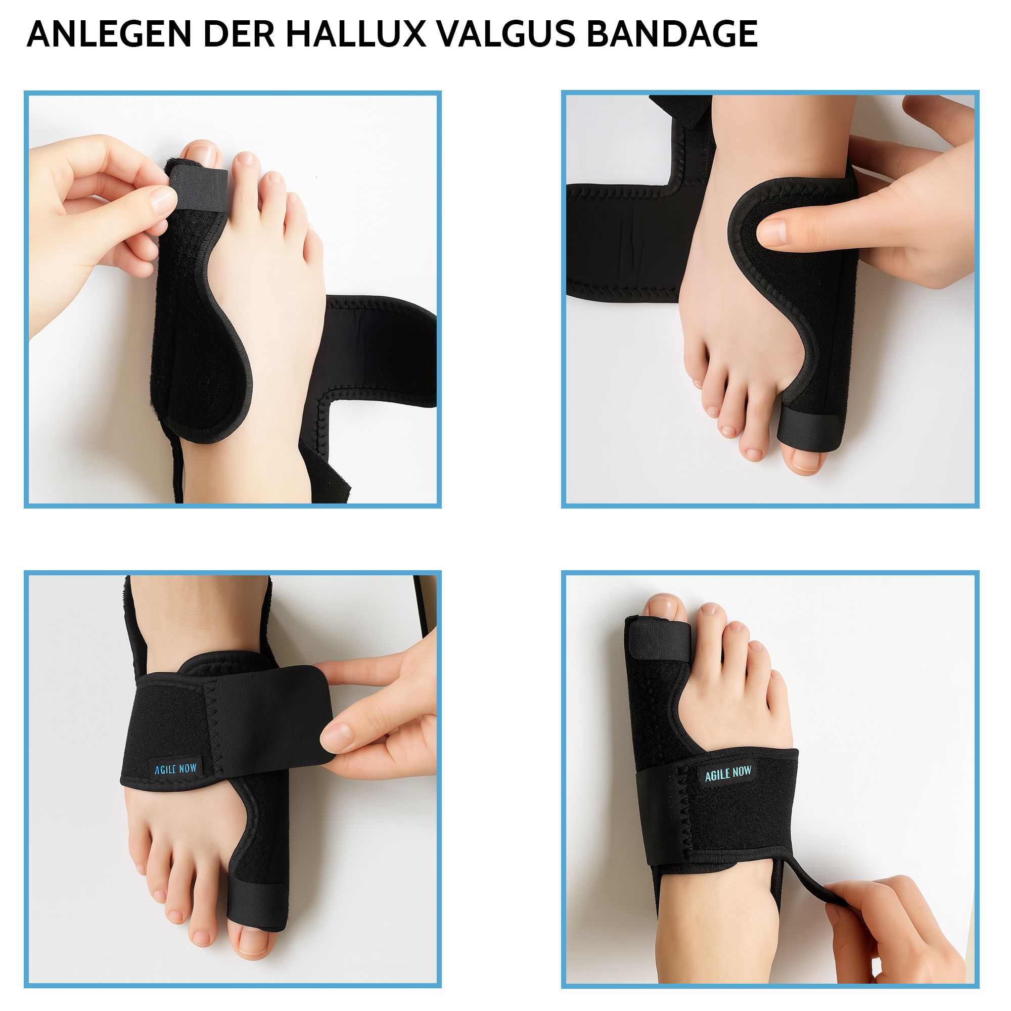 Montage der Hallux Valgus Bandage in vier Schritten. AGILE NOW Bandage wird am Fuß angebracht. Schwarze Bandage mit Klettverschluss.