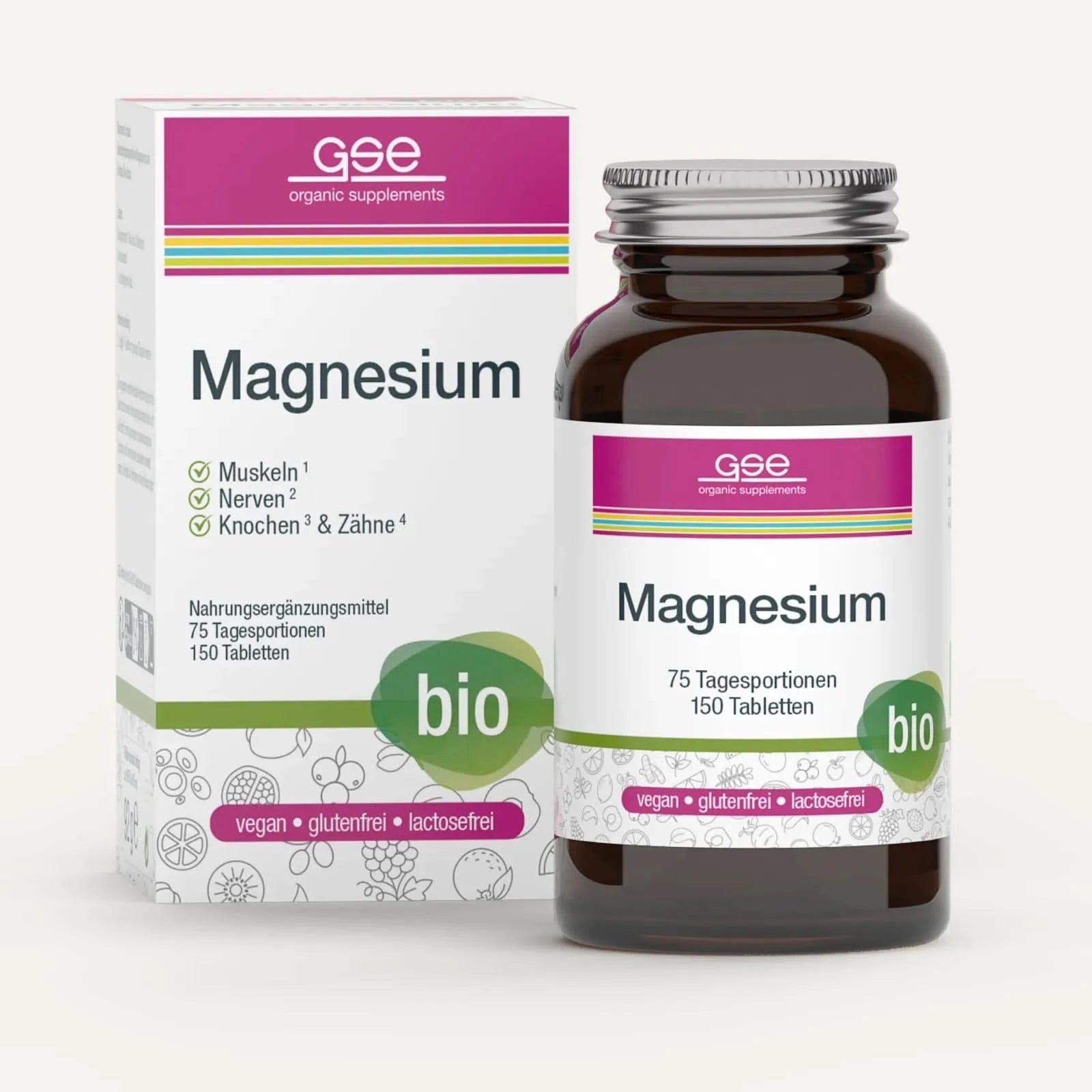 Braune Glasflasche und Karton mit "Magnesium"-Aufdruck. "gse organic supplements"-Logo. "bio"-Siegel. 150 Tabletten.