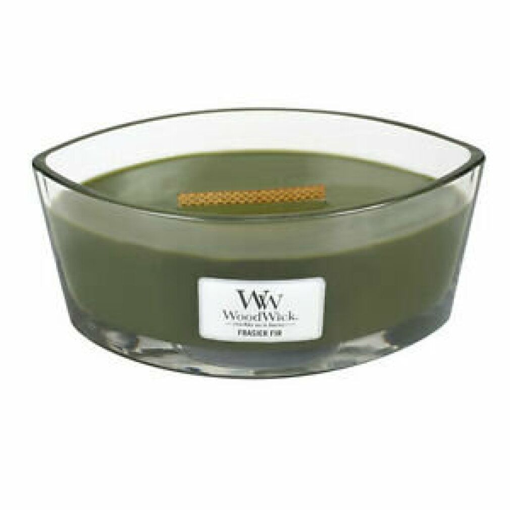 Ellipsenförmige Kerze mit grünem Wachs. Aufschrift: WoodWick, Frasier Fir. Glasgefäß.
