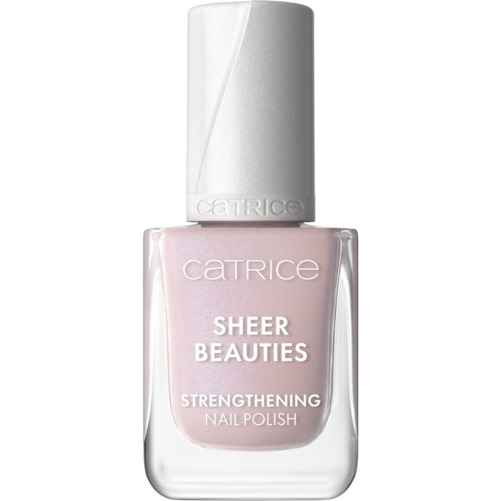 Nagellackflasche. Rosa Farbton, transparente Flasche. Schriftzug: Catrice, Sheer Beauties, Strengthening Nail Polish.