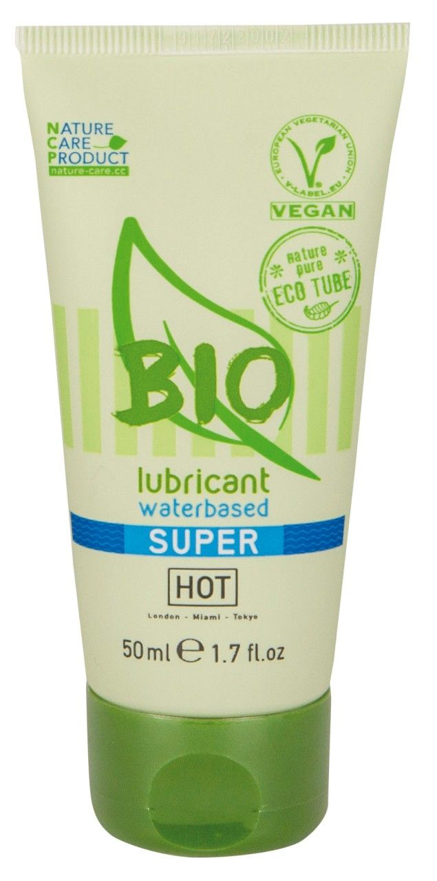 Grüne Tube mit BIO-Logo, Aufschrift 'lubricant waterbased SUPER HOT'. Vegan- und NCP-Siegel. 50ml.