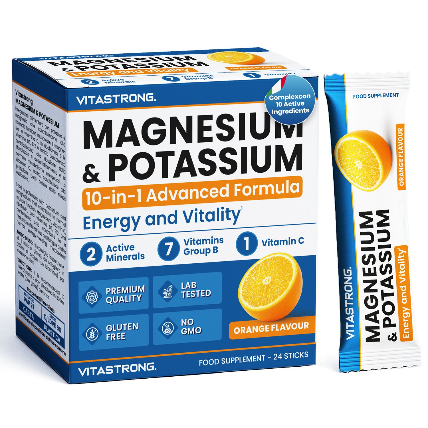 Vitastrong Magnesium & Kalium-Packung und Stick. 10-in-1 Advanced Formula. 24 Sticks. Mit Orange. Premium Qualität.