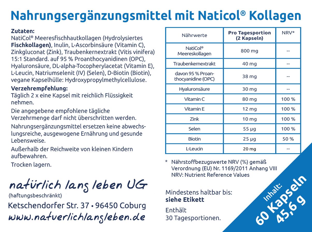 Nahrungsergänzungsmittel-Etikett mit Nährwerttabelle. Enthält: Meeresfischhautkollagen, Inulin, Vitamin C, Zink, Traubenkernextrakt, Hyaluronsäure.