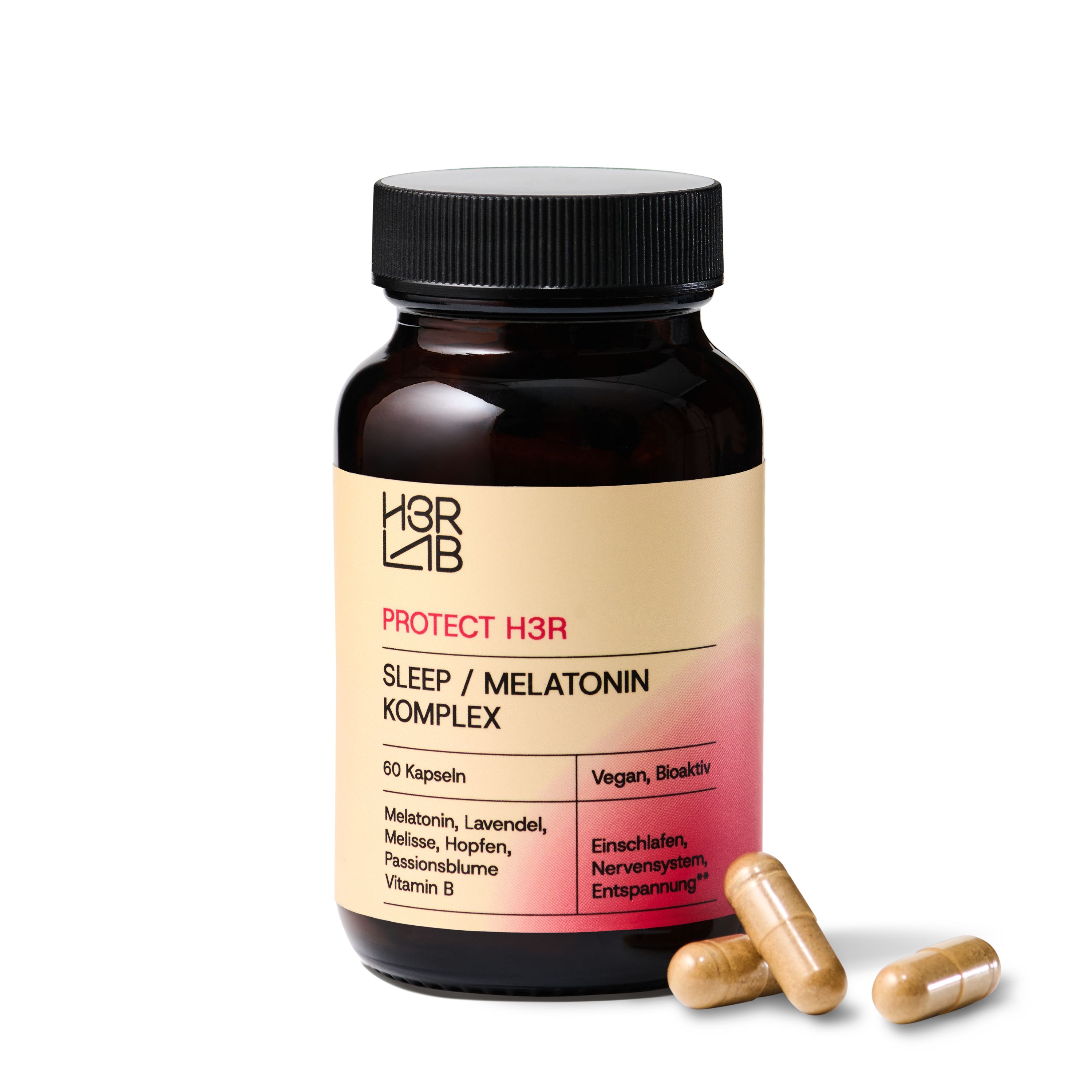Braune Flasche mit Kapseln und zwei Kapseln daneben. H3R LAB Logo. Text: SLEEP / MELATONIN KOMPLEX. 60 Kapseln. Vegan, bioaktiv.