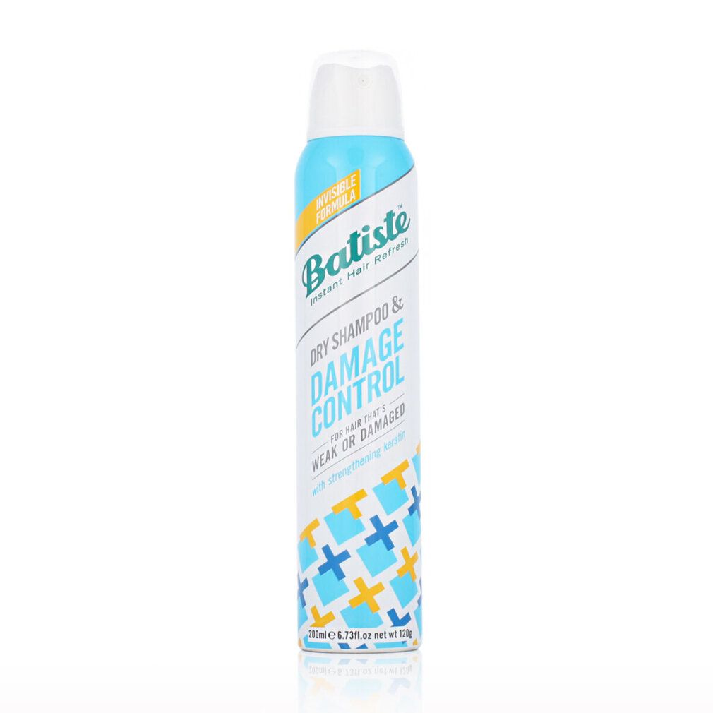 Batiste Dry Shampoo & Damage Control. Blaue Sprühflasche mit weißem Deckel. Text: Für schwaches oder geschädigtes Haar.