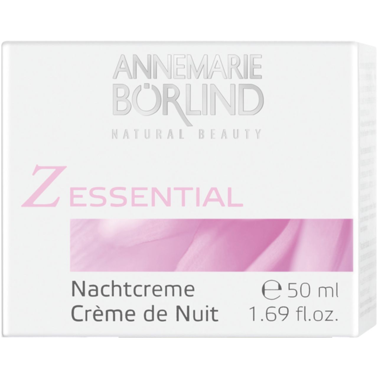 Creme-Glas mit weißem Deckel. Aufschrift: Z Essential Nachtcreme. Mond-Symbol.