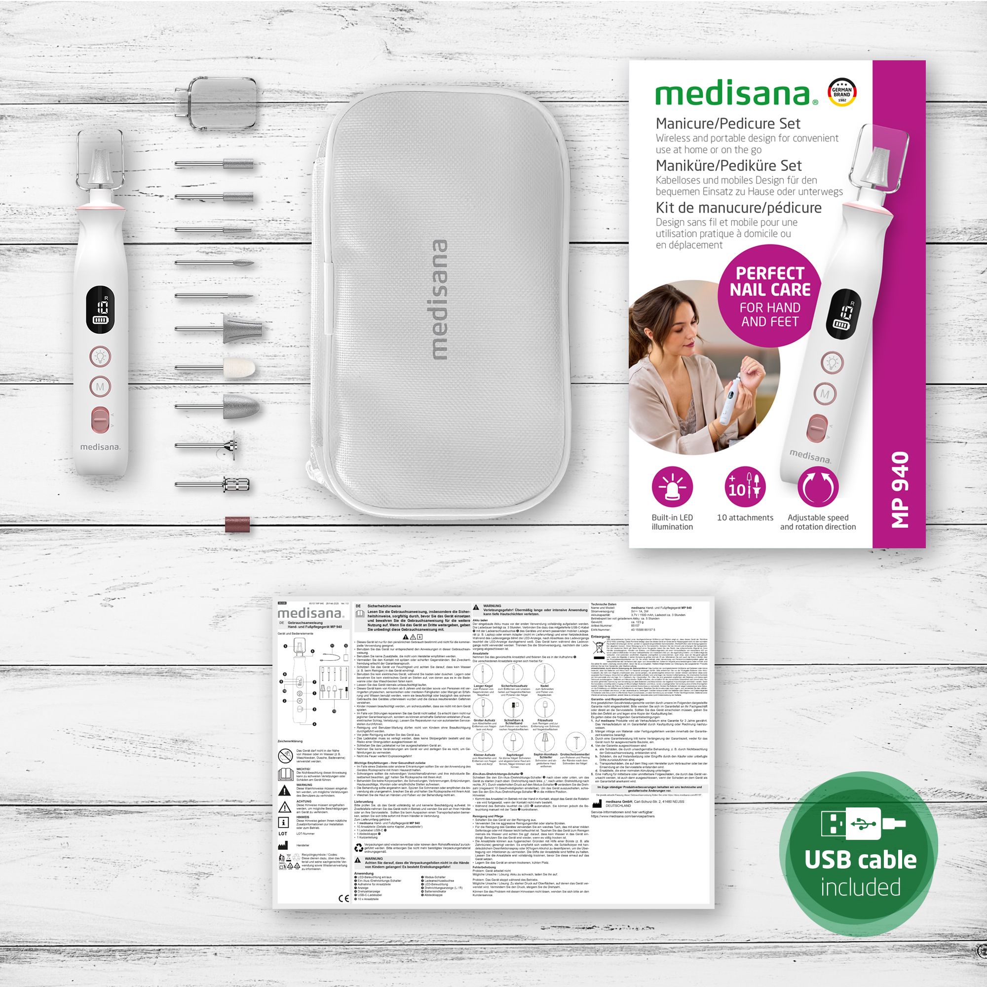 Maniküre-/Pediküre-Set mit Zubehör, Verpackung und Anleitung. USB-Kabel enthalten.